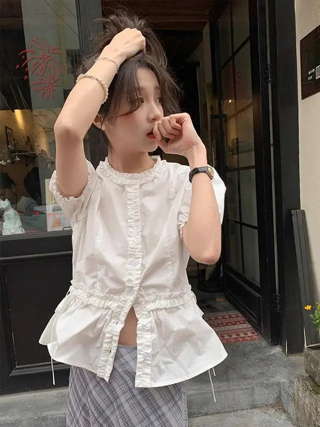Women French Gentle Style Fungus Edges O-neck Puff Short-sleeved Shirts Summer Lace-up Bow Waist Slimming Single Breasted Blouse