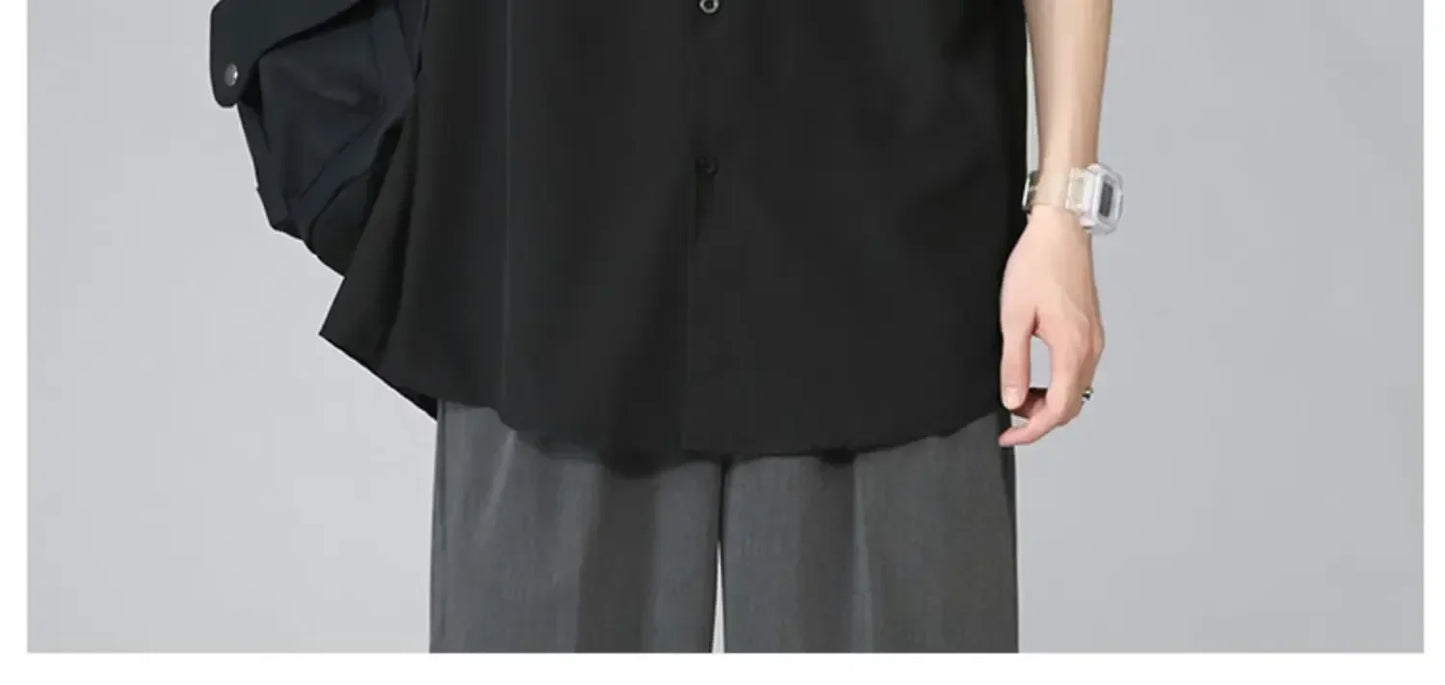 Men's Ice Silk Short Sleeve Shirt Casual Loose Fit Korean Style Trendy Black Shirt For Summer Thin Sleeve Casual