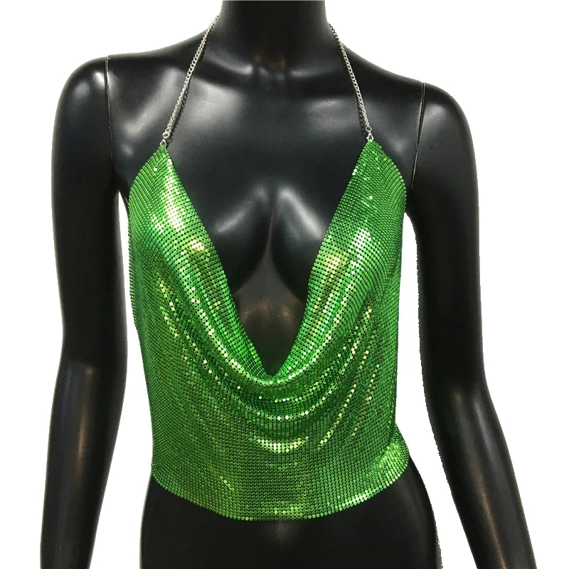 Festival Brilliant Rhinestone Backless Party Crop Top Women 2022 Summer Glitter Evening V Neck Diamonds Metal Tank Tops