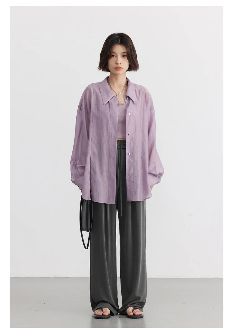 CHIC VEN Women Thin Shirt Long Sleeve Casual Loose Slightly Transparent Cool Blouses Woman Solid Design Female Top Summer 2024