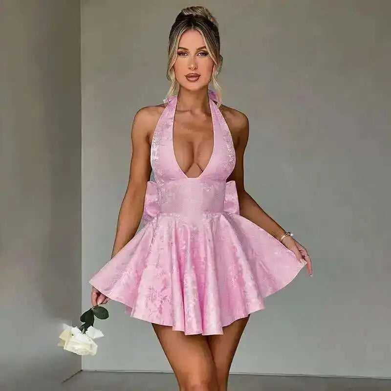 Giyu Club Evening Party Dresses Women 2025 Summer Sexy Bow Halter Long Dress Elegant Jacquard Lace Up Backless Birthday Robe
