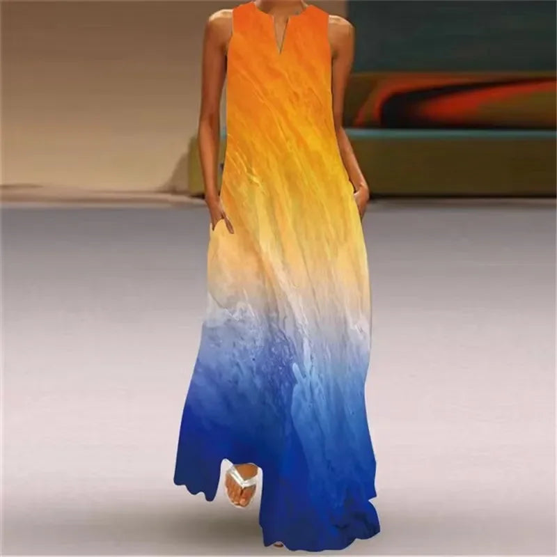 Spring Summer Long Dress Womens Long Casual Party Dresses Women Clothing Casual A-Line Printing V-Neck Pockets Maxi Dress Autumn