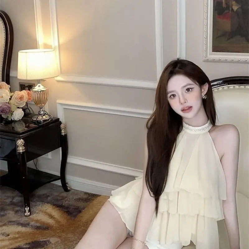 Hanging Neck Cake Blouse Women Tierred Irregular Ruffle Voile Shirt Elegant Chiffon Sexy Top Female Sweet Thin Summer Clothes