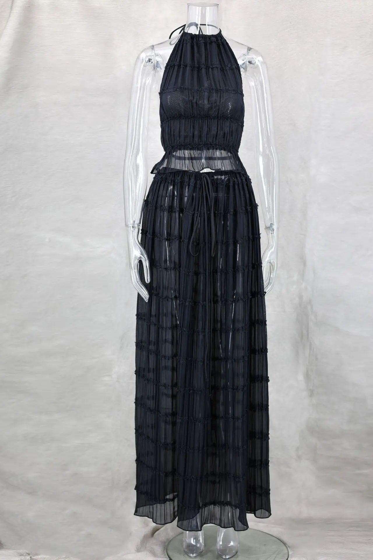 2024 Summer Party Elegant Women Beach Skirt Suit Sleeveless Backless Cropped Halter Lace Up Tops And Long Skirts Two Piece Sets