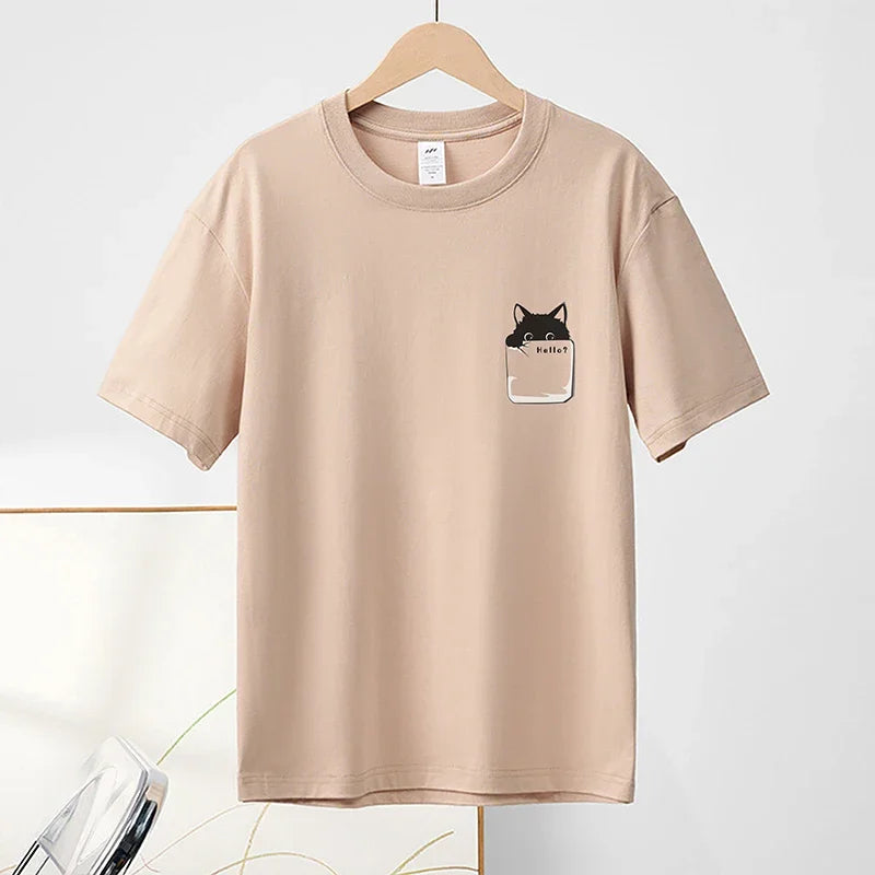 2024 Summer New Pure Cotton Cat Printed Men T-shirts Short Sleeve Casual Solid Color Simple Thin Men Tops BOK0121