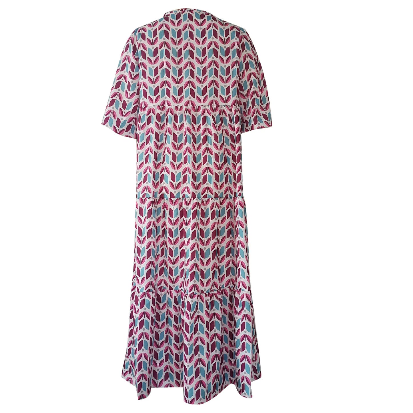 Women's Summer Casual Fashion Geometric Print Neckline Lace-up Bubble Middle-sleeves Ruffle Stitching Big Swing Long Losse Dress