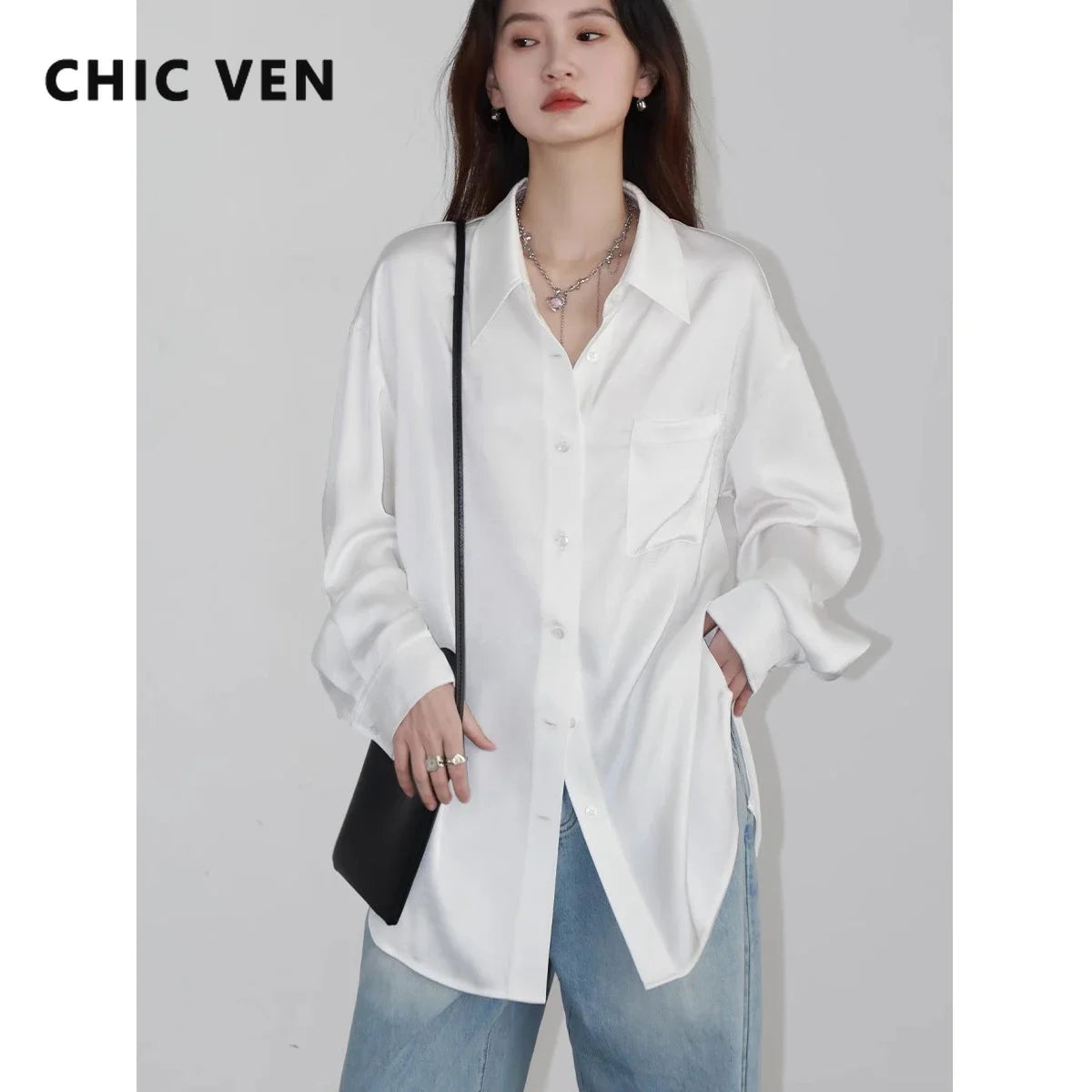 CHIC VEN Korean Women Shirt White Solid Pleated Side Slit Loose Long Sleeved Woman Blouses Female Tops Spring Summer 2025
