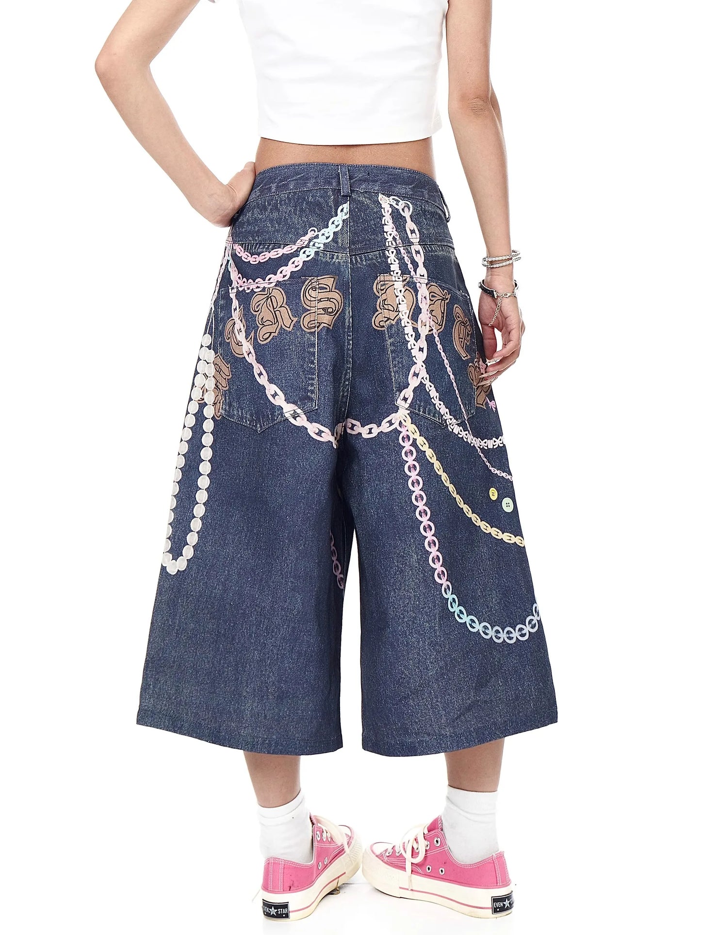 Chain Print Blue Jeans orts Men's Summer Loose Straight Leg Seven-Foot Pants Casual High Waist Corduroy Youth Faion