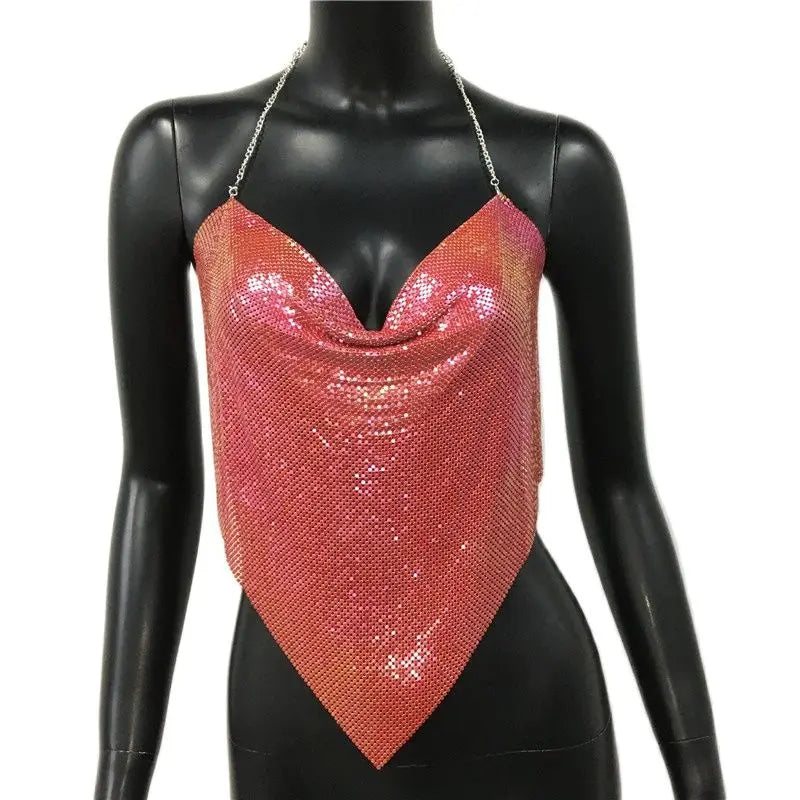 AKYZO レディース 無地 スパンコール メタル キャミソール トップス 2025 セクシー ホルター バックレス V ストラップ パーティー ナイトクラブ ベスト クロップドトップス