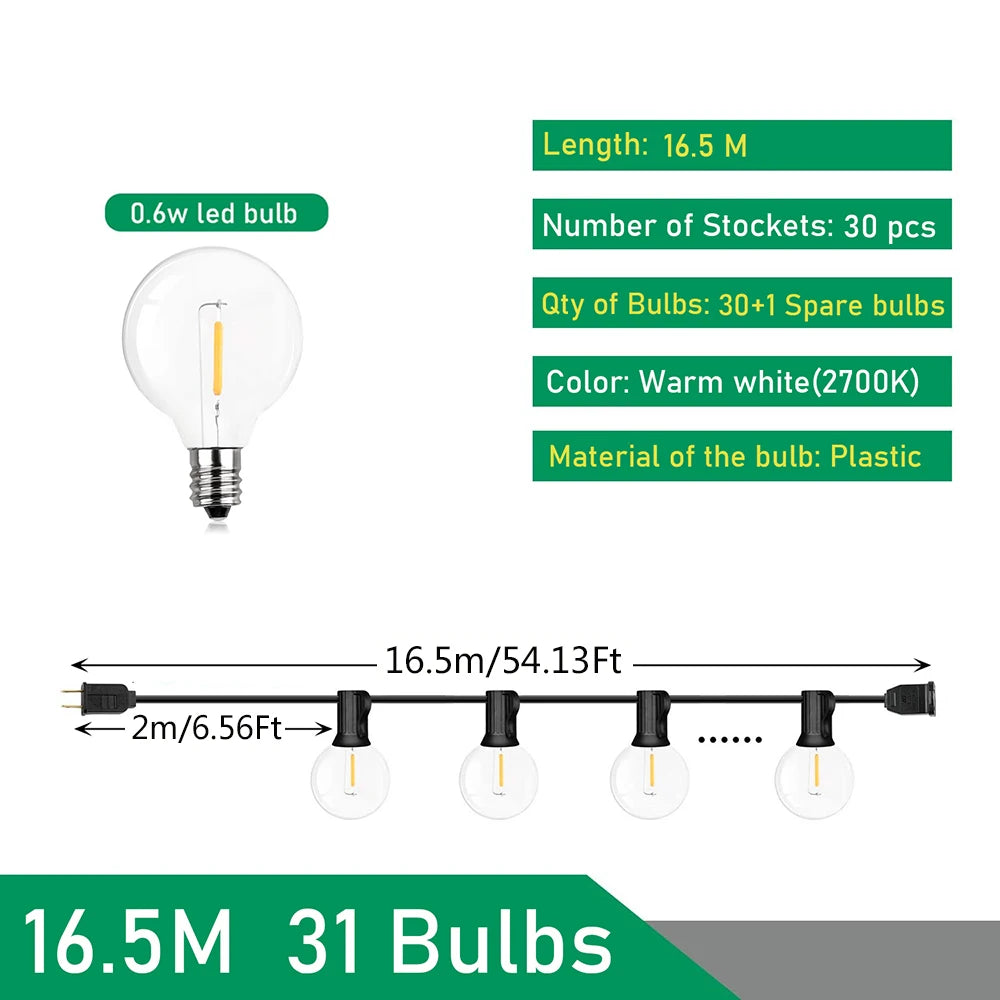110V/220V 屋外用ストリングライト LED G40 フェストゥーン フェアリー パティオ ガーランド ランプ ウェディング ストリート キャンプ ガーデンパーティー デコレーションライト