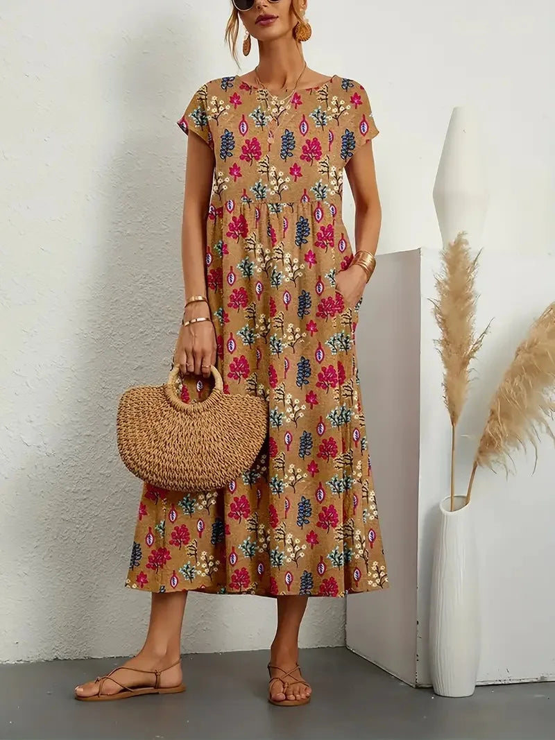 Fashion Women's Cotton and Linen Dress, Round Neck Printed Short Sleeved A-line Maxi Skirt, Unique Floral Long Dresses Vestidos