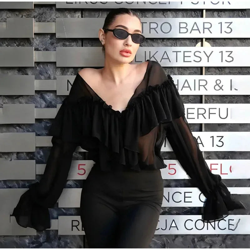 Talenza White Chiffon Shirt Women's Summer V-Neck Sexy See Through Shirt Beach Blouse Fashion Ruffle Patchwork Female Blouse Top