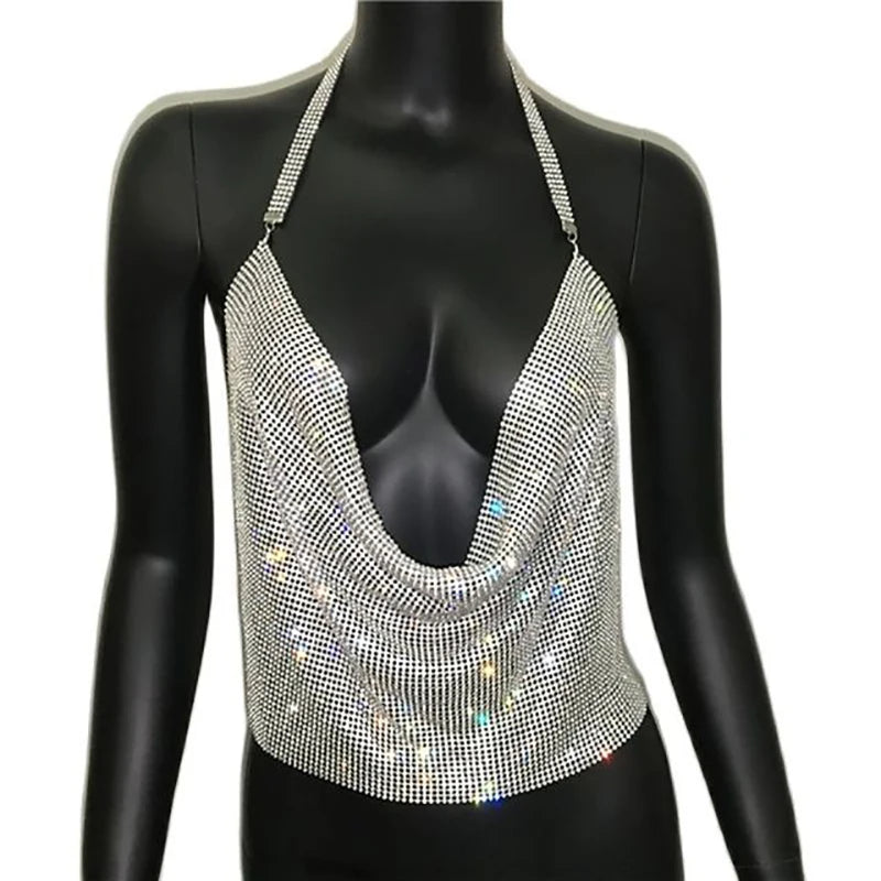Festival Brilliant Rhinestone Backless Party Crop Top Women 2022 Summer Glitter Evening V Neck Diamonds Metal Tank Tops