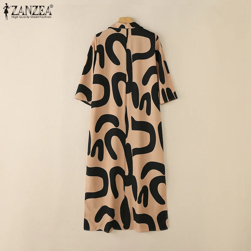 2025 ZANZEA Fashion Autumn Printed Dresses Women Maxi Long Dress Lapel Neck Long Sleeve Robe Casual Kaftan Vestidos Oversize
