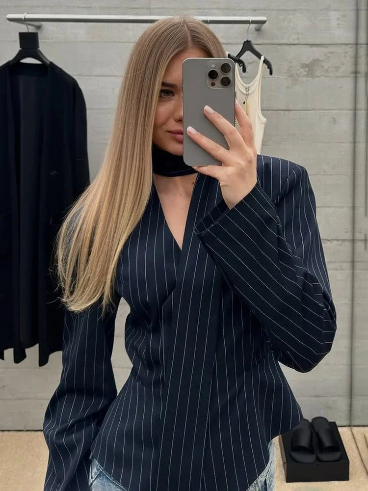 Tornova Vネック リボン ブレザー コート レディース ストライププリント 長袖 ボタン オフィスレディ トップス エレガント 女性 スリム アウター 秋