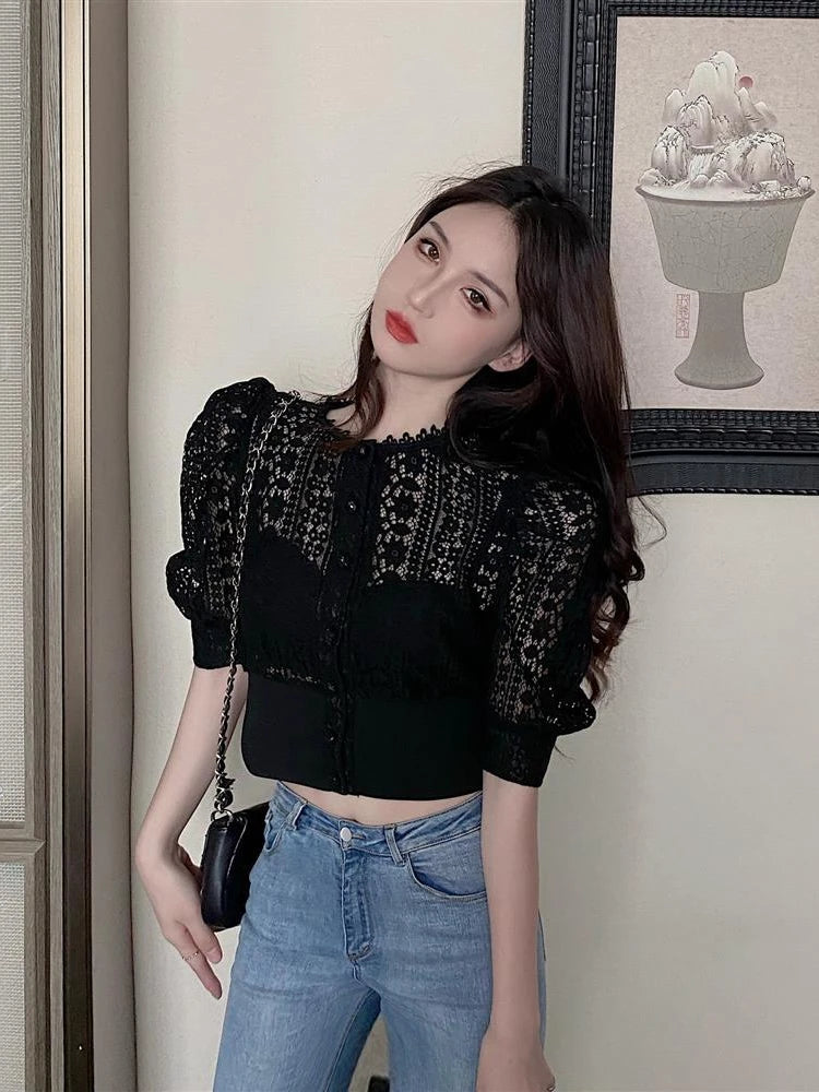 Woherb Sweet Crochet Top Blouse Women Sexy Hollow Out Shirt Vintage Puff Sleeve Korean Shirts Fashion Chic Tops Blusas
