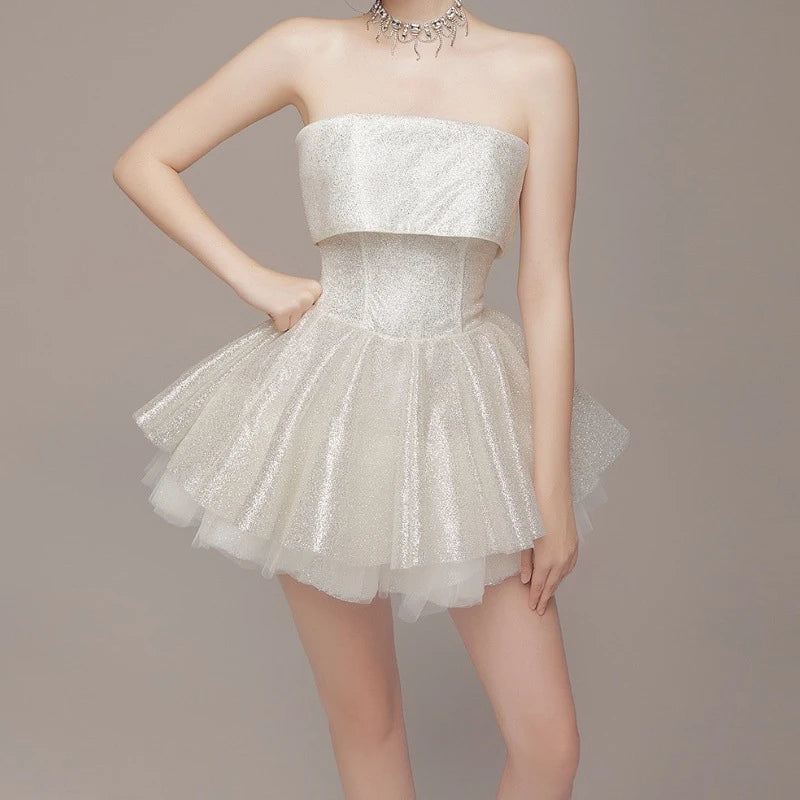 Elegant Glitter Hight Waist Solid Party Dress Fashion Backless Slim Evening Dress Sexy Strapless Sleeveless Bodycon Mini Dresses