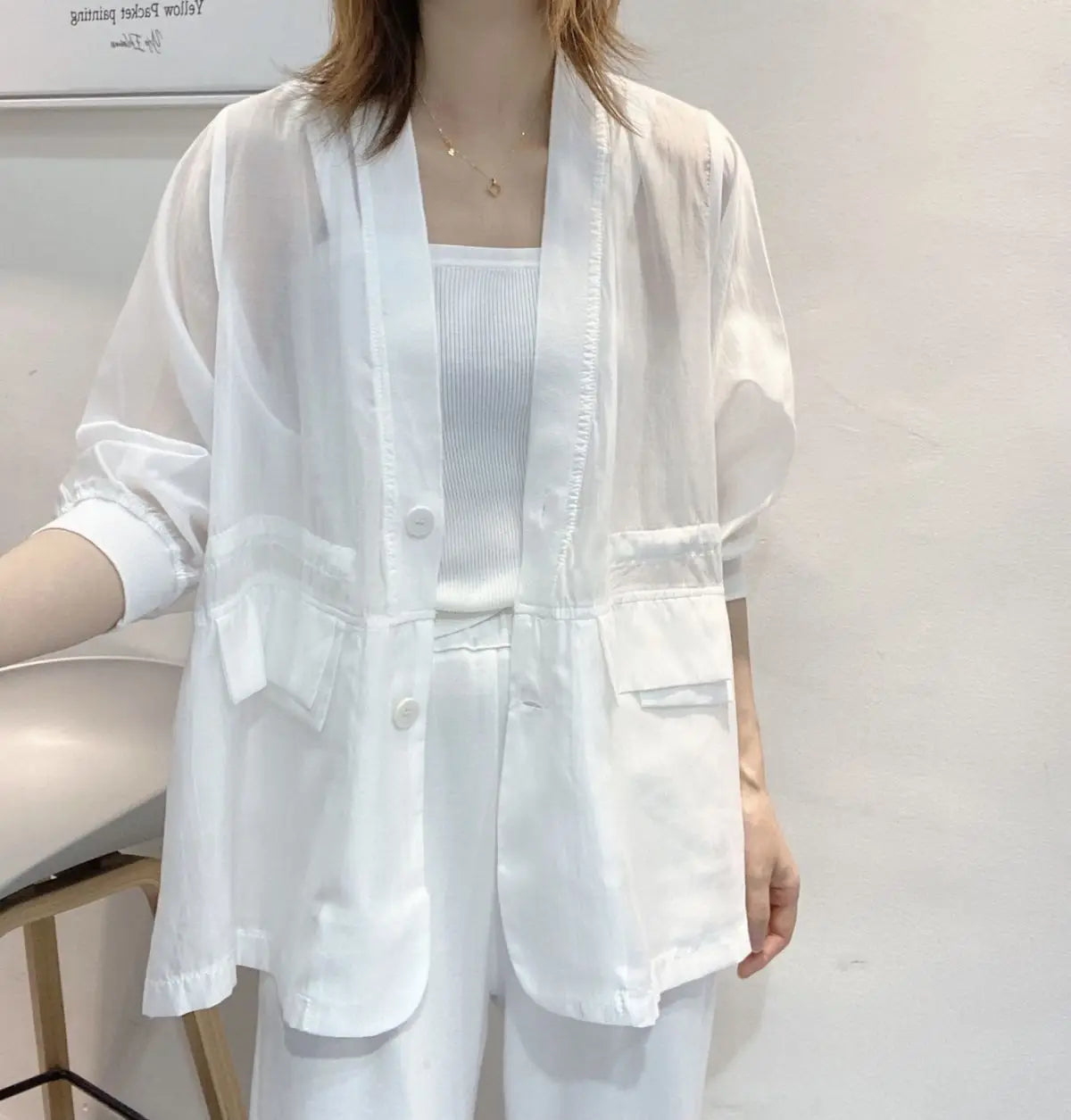 Plus Size Waist Tie V-neck Black Blazer Women Summer Cardigan Sunscreen White Jacket Korean Fashion Casual Pocket Outerwear New