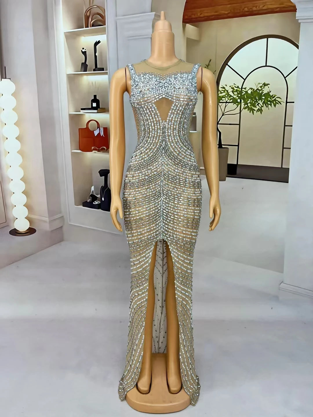 Shuanggouqun Sleeveless Tight Sexy Full Diamond Pearl Split Long Dresses Women Birthday Party Dinner Bar DJ Performance Costume