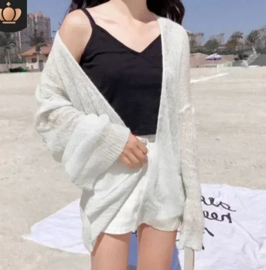 Women's Y2K Korean Cropped Cardigan - Loose Knit Summer Cover-Up for Beach Outfits & Casual Layers