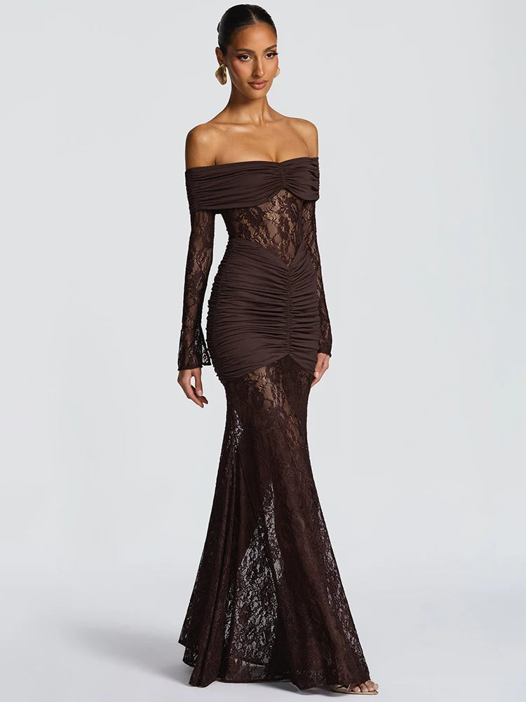 Mozision Off-shoulder Long Sleeve Sexy Maxi Dress Women Fashion Lace See Through Strapless Backless Bodycon Club Party Dresses