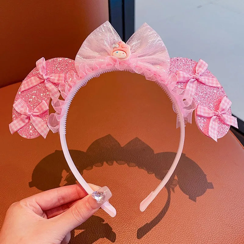Kawaii Sanrio Kuromi Children Headband Hello Kitty Melody Cinnamoroll Cartoon Bow Shiny Hairband Hair Accessories Christmas Gift