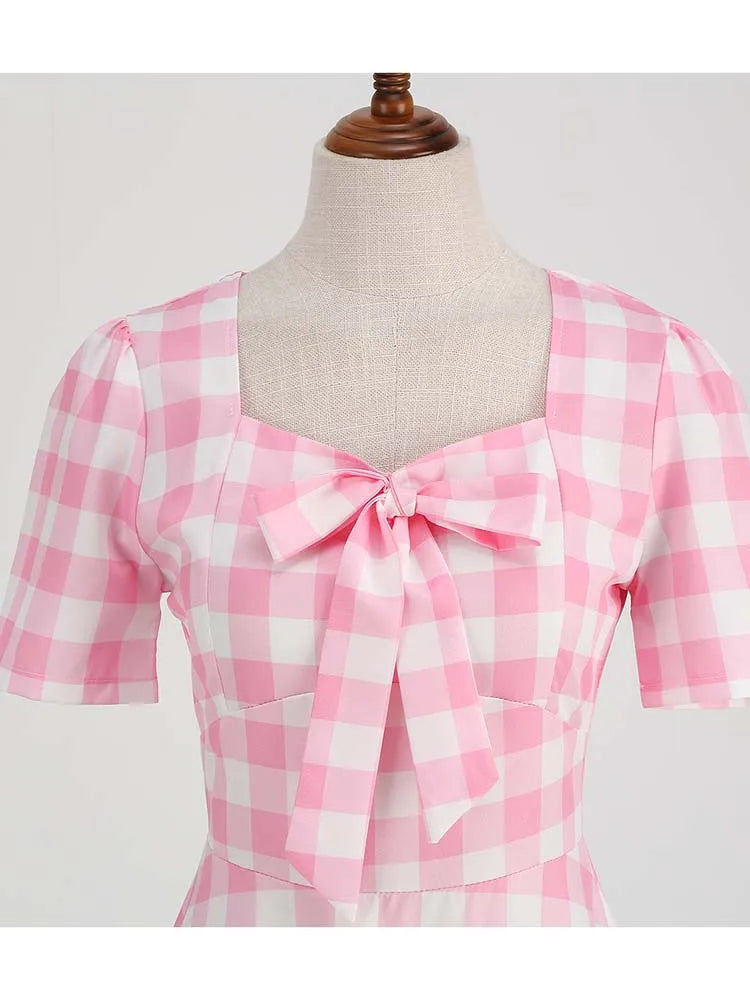 Green Plaid Swing Party Dresses Women Elegant Vintage Square Collar Short Sleeve Casual Summer Dress