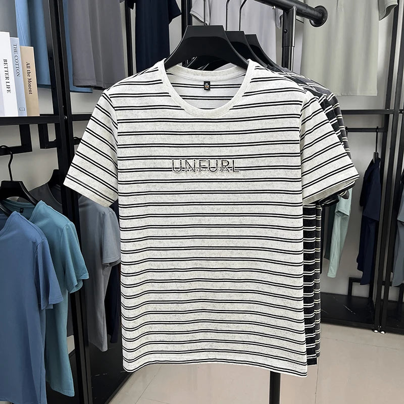 Top Grade Yarn Dyed New Summer Tops Striped Designer Tshirt Men 2025 Round Neck Brand Short Sleeve Casual Fashion Men Clothing
