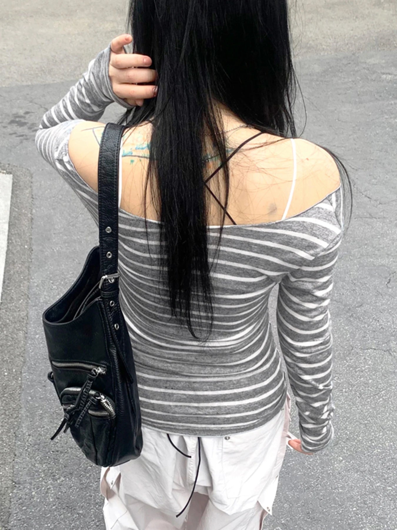 Sweetown Japanese Basic Slim Long Sleeve Stripe Tee Off Shoulder O Neck Korean Street Style Spring Autumn Y2K Gray T Shirt Women