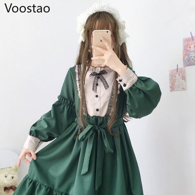 日本のかわいいロリータティーパーティードレスレディースフリル長袖ゴシックリボンレースドレスヴィンテージビクトリア朝の甘いメイドドレス
