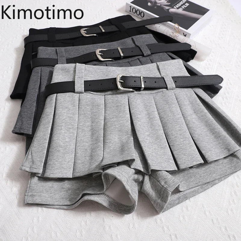 Kimotimo Womens Shorts Autumn Winter Belt High Waist Fluffy Pleated A-line Short Pants Korean Fashion Sexy Y2k All Match Clothes