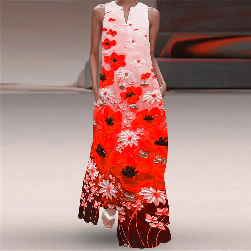 New Floral Pattern Women Long Dresses Summer Sleeveless 3d Flower Printed Street Ladies Maxi Dress 3XL Plus Size Casual Dress