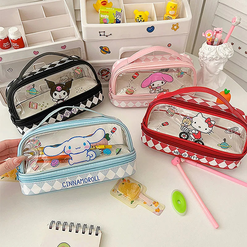 Cartoon Hello Kitty Pencil Case Cute Sanrio Kuromi Large Capacity Double Layer Multifuntion Portable Pen Cosmetic Bag Kids Gift