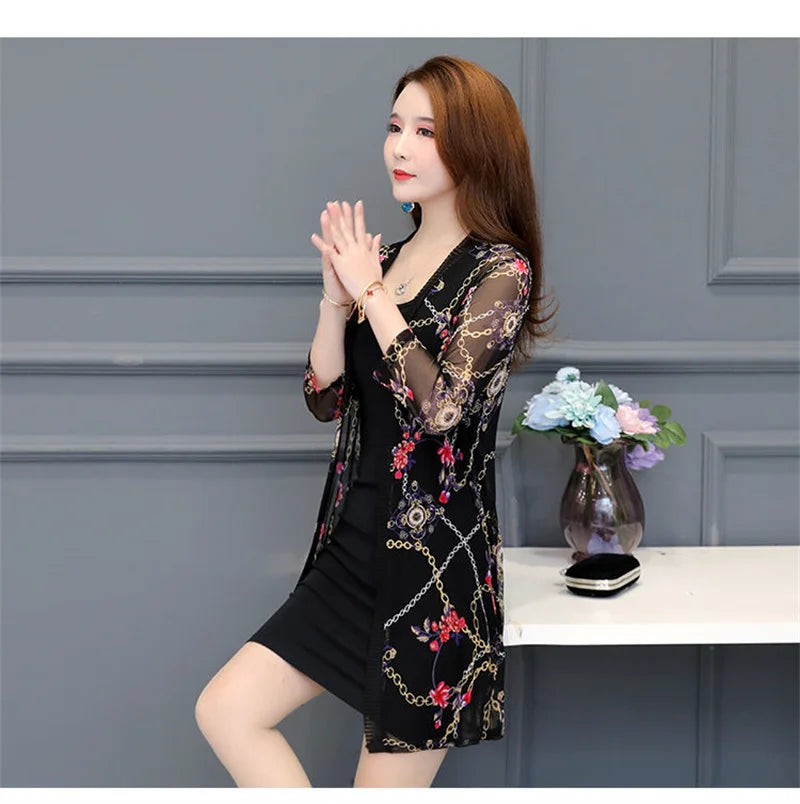 2024 Female Mid Length Large Size Sun Protection Cardigan Tops Coat Women Summer Gauze Lace Print Thin Sun Sunscreen Jacket 5XL