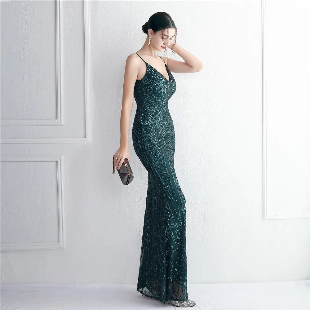 Women's Black Long Sleeve Padded Strap Sequin Dress Length, Sparkles Stretch, V Neck Mermaid, Formal Evening Dress, Night Party