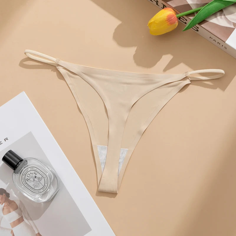 Women's Sexy Lightweight Ice Silk Seamless Knit Thong with Thin Straps - No Show Panty Underwear Lingerie Intimate Apparel