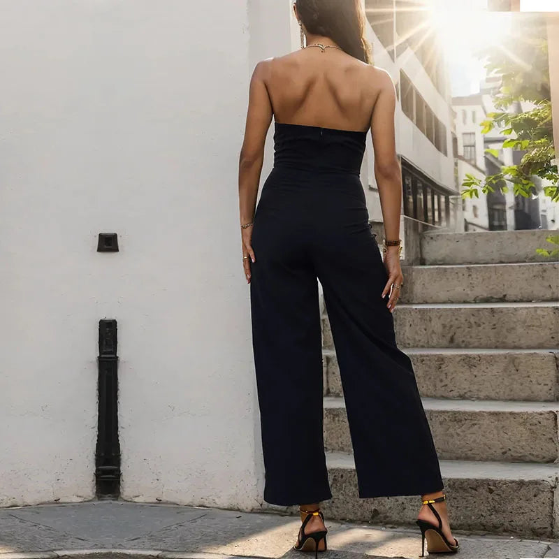 Women's Elegant Sleeveless Jumpsuits Summer High Waist Wide Leg Rompers Fashion Black White Splice Off Shoulder Party Playsuits
