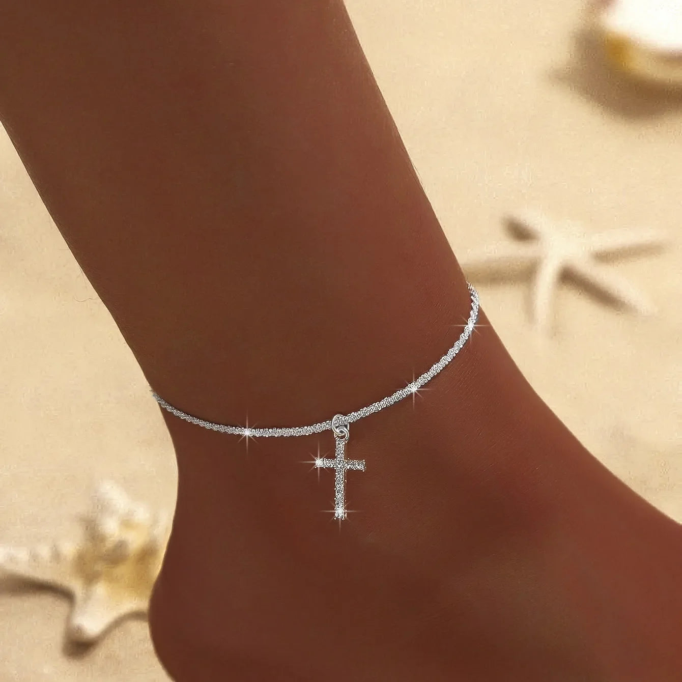 Sparkling Thin Chain Anklet Bracelet for Women Zircon Cross Pendant Bracelet on Leg Foot 2024 Trendy Boho Summer Beach Jewellry