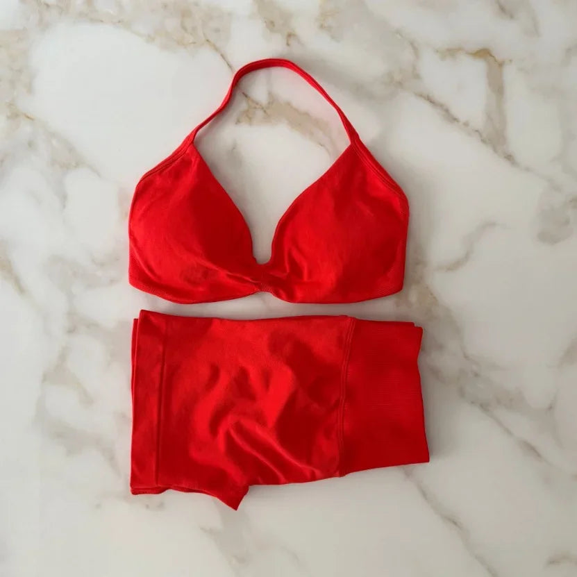 Gym Set Women Two Piece Strappy Yoga Bra Top Workout Scrunch Shorts Suit Fitness Clothes Seamless Sportswear Workout Set