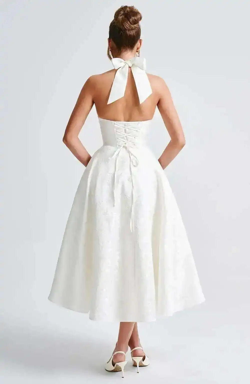 Giyu Club Evening Party Dresses Women 2025 Summer Sexy Bow Halter Long Dress Elegant Jacquard Lace Up Backless Birthday Robe
