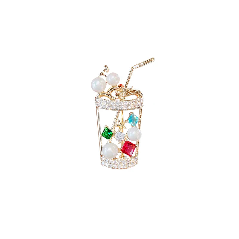Cute Pearl Juice drinks Milk Tea Cups Brooch Lapel Pins for Women Girls Colorful Zircon Rhinestone Creative Design Coat Badges