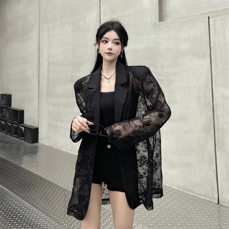 Women Clothing Summer Thin Jackets 2025 Ropa Mujer Patchwork Lace Temperament Coat Sexy Y2k Tops See Through Oversized Outwear