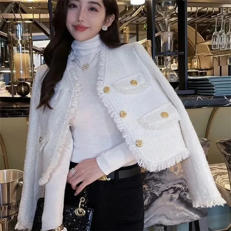 ジャケット 小さな香り ゆったり Vネック 長袖コート 春秋 高級 高級ツイード フレンチホワイト ショートコート レディース