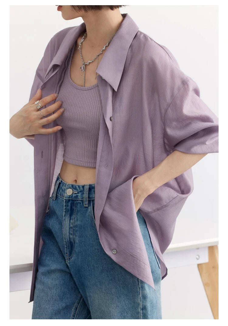 CHIC VEN Women Thin Shirt Long Sleeve Casual Loose Slightly Transparent Cool Blouses Woman Solid Design Female Top Summer 2024