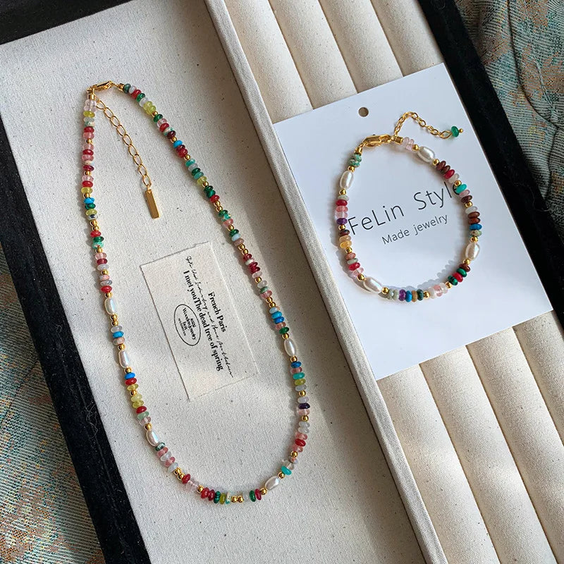 New Arrival Trendy Colorful Beads Stone Natural Freshwater Pearl 14K Gold Filled Female Jewelry Set For Necklace Bracelet Gifts