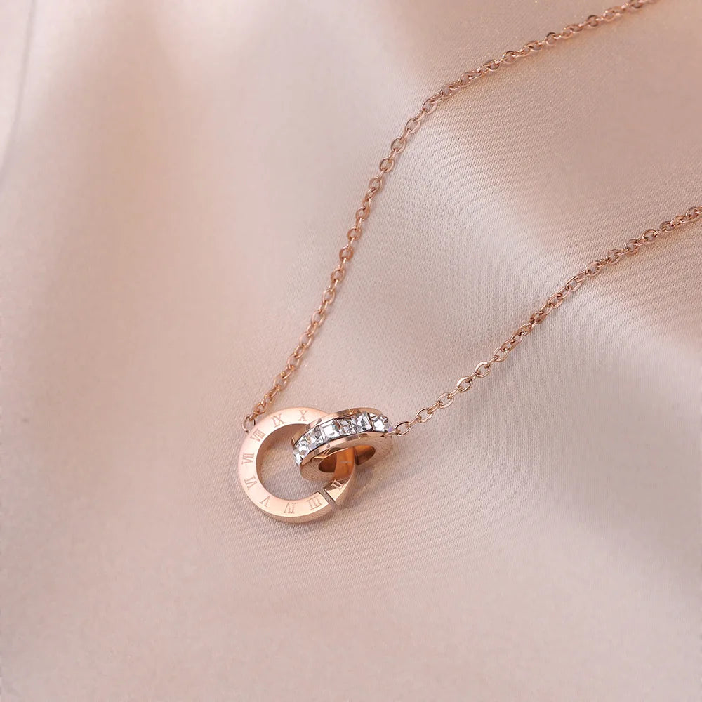 Luxury Elegant Crystal Circle Choker Fashion Roman Digital Stainless Steel Gold Silver Color Pendant Necklaces for Women Jewelry