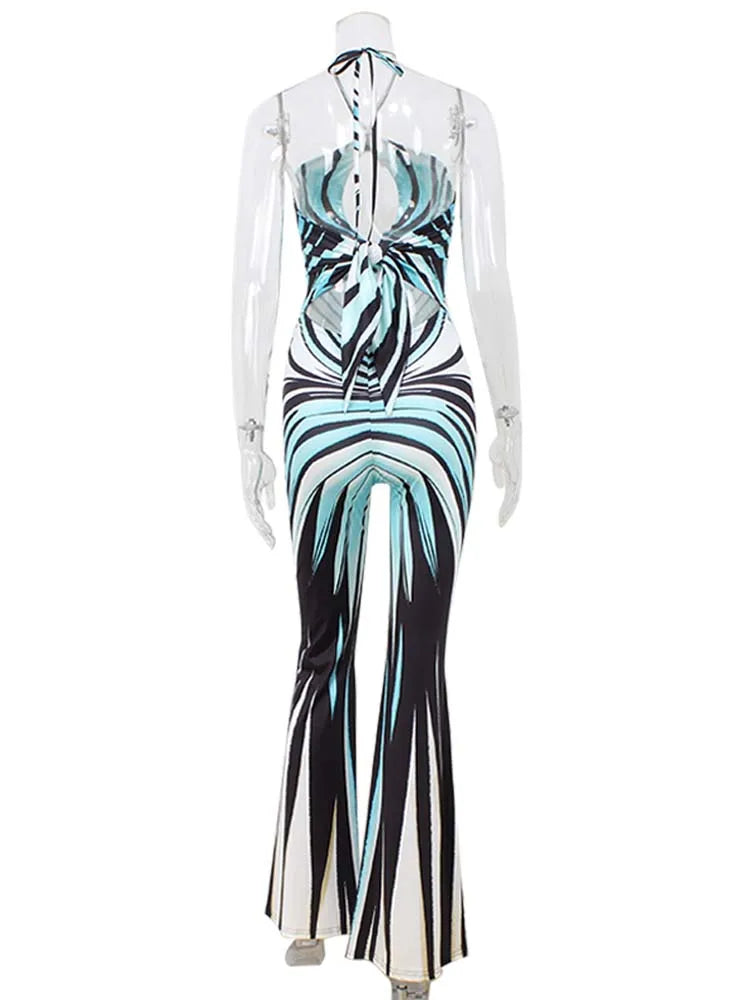 Ahagaga Fashion Printed Women Jumpsuits Halter Bandage Hollow Out Striped Skinny Flare Pants Sexy Streetwear Rompers Female