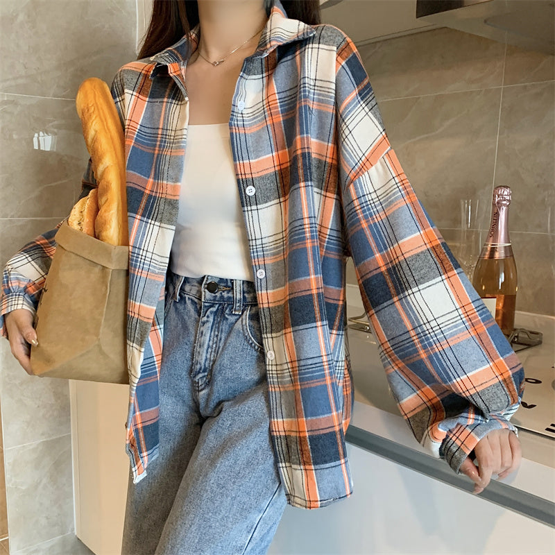 Women Tartan Shirt Long Sleeve Collared Button Up Oversized Plaid Shirt Jacket Grunge Fashion Teenage Girl Spring Summer Outfit