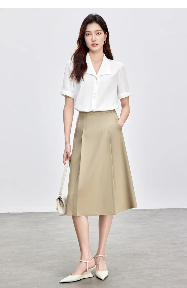 SENTUBILA Turn Down Collar Shirt Women Summer 2025 Twill Texture Chic Button Short Sleeve Elegant Solid Woman Blouse 152C87931