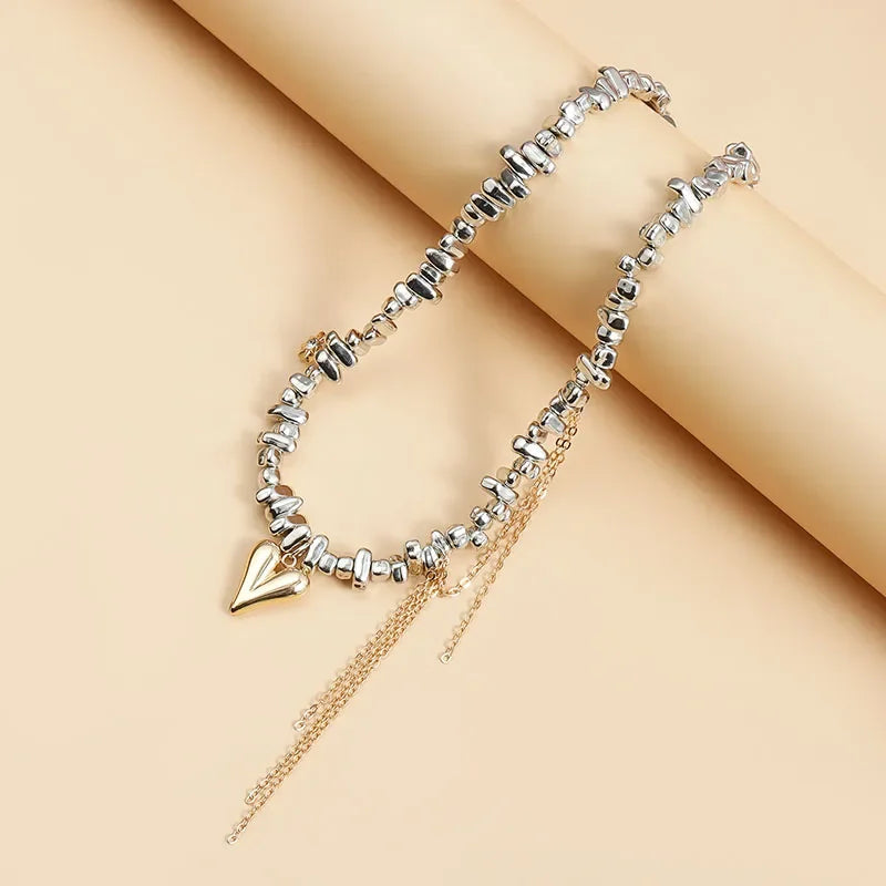 Women Trendy Love Tassel Pendant for Female Irregular Beaded Collarbone Chain Metal Design Fashion Necklace Jewelry Gift
